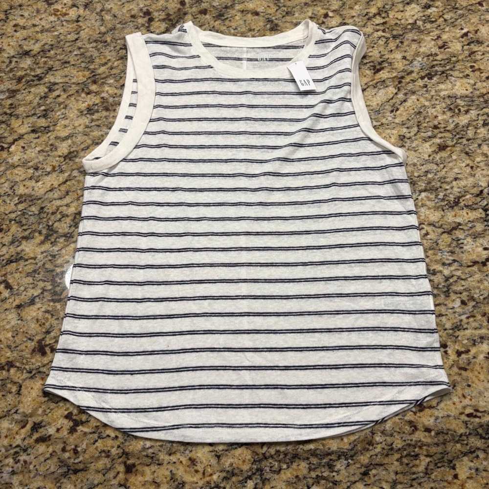 NEW Gap Linen Blend Tank Top Womens Medium White Navy Blue Striped Sleeveless ws